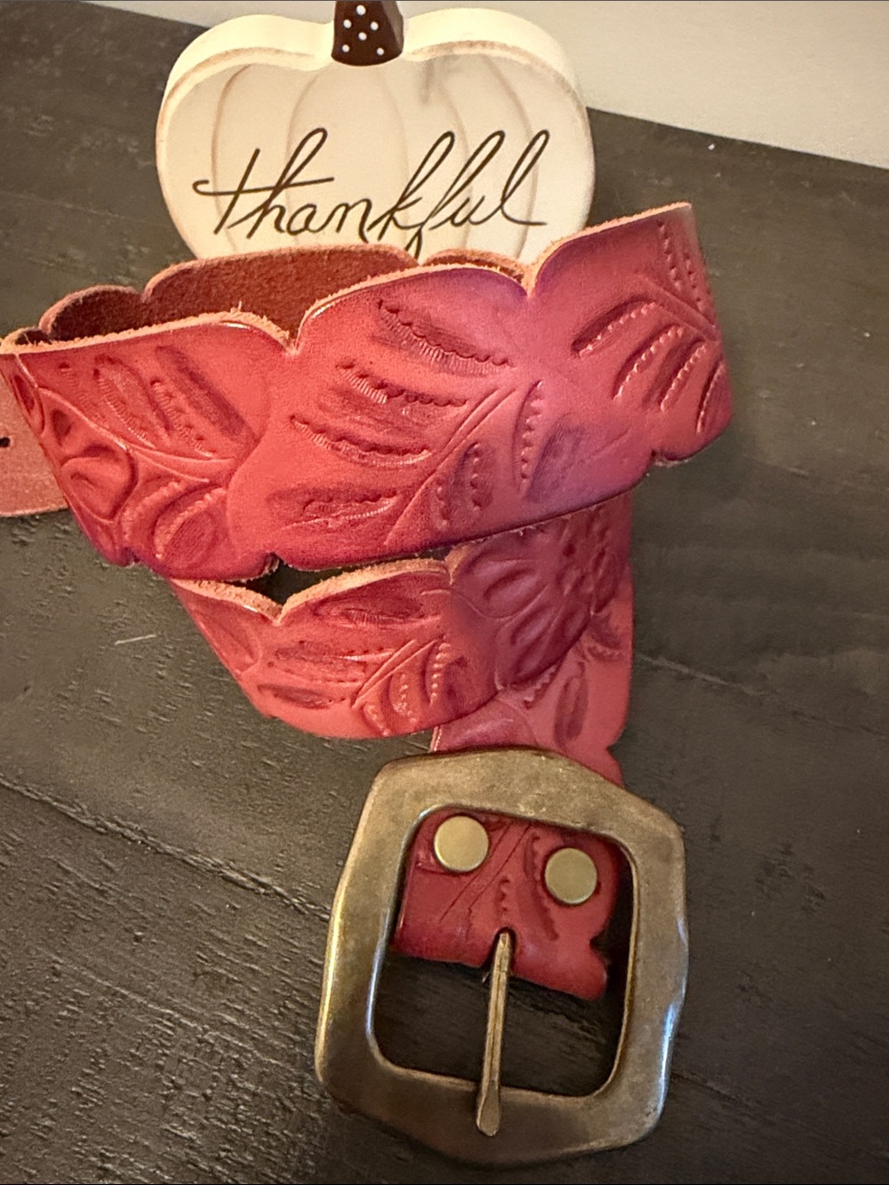 Lucky Brand Carved Brown Leather Belt with Brass Buckle Floral Scalloped Cut